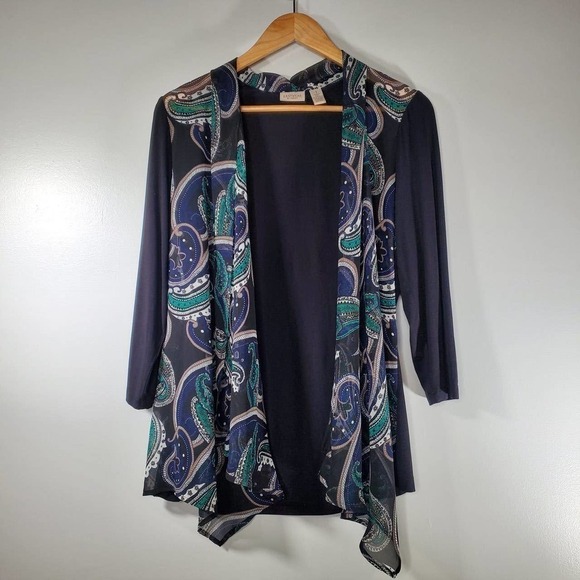 Chico's Draped Open Front Paisley Print Cardigan Black Size 1 / Medium - Picture 6 of 7